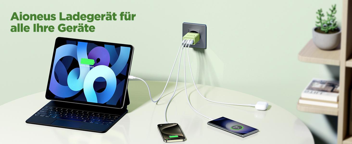 Мережевий адаптер Aioneus USB-C з 4 портами, 40W, PD 3.0, білий (1 шт., світло-зелений)