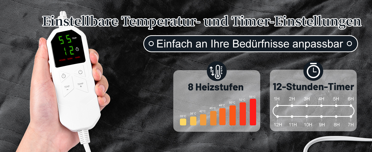 Електрична ковдра Netraty з автовимкненням 130x180 см, 8 режимів нагріву, таймер 1-12 годин, захист від перегріву, пральна машина, фланель-шерпа, сіра для дому та офісу