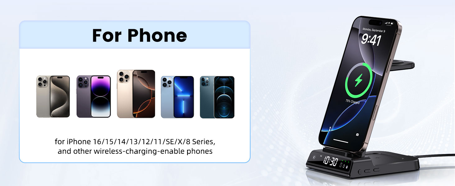 Зарядна станція 3-в-1 для Apple: iPhone 16/15/14, Apple Watch 10/9/8/7/6/SE та AirPods Pro/4. Бездротова зарядка