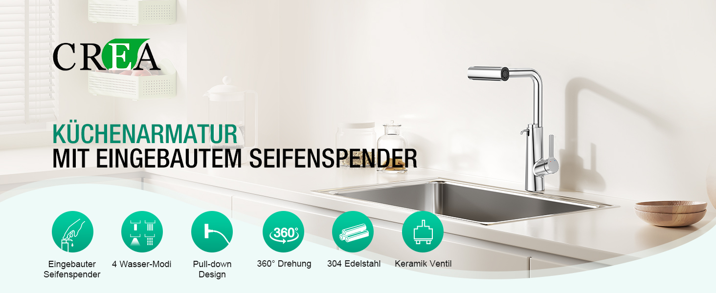 Кран кухонний водопровідний CREA Wasserfall висувний з дозатором мила, нержавіюча сталь, 360° обертання, 4 режими, хром