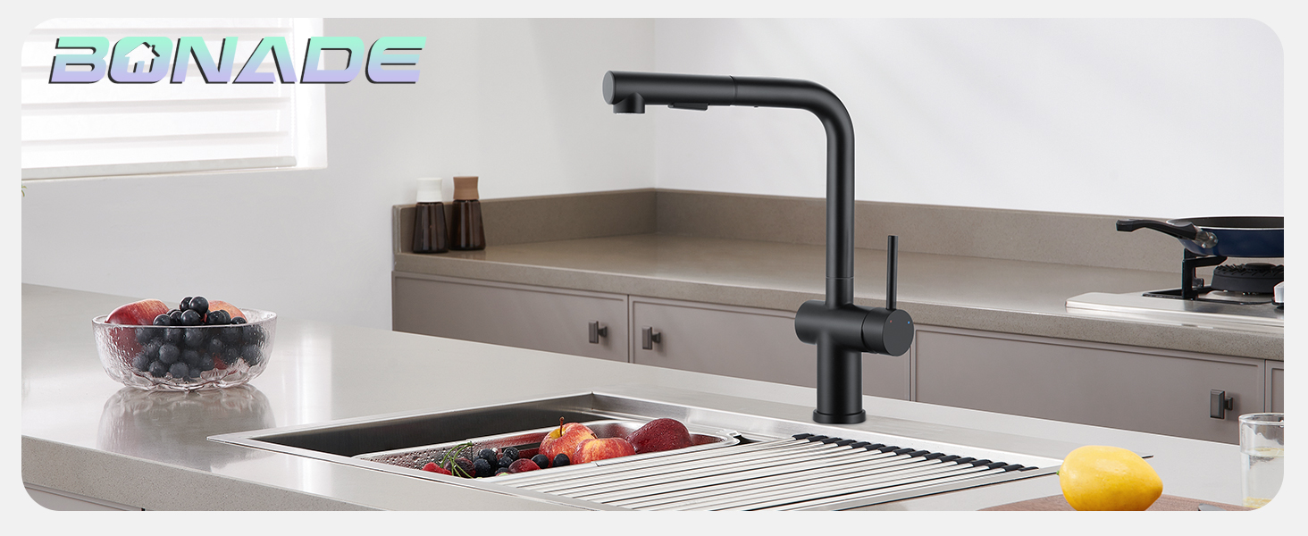 Змішувач кухонний з висувною лійкою, чорний, з двома режимами струменя, 360° обертання, з нержавіючої сталі