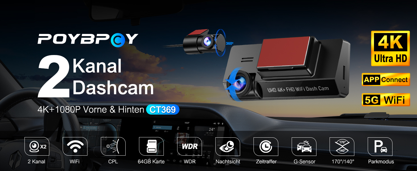 Відеореєстратор у машину 4K Dual Dashcam з CPL фільтром, 360°, WiFi, IPS, Нічне бачення, G-сенсор, Паркувальний режим, 64GB SD карта