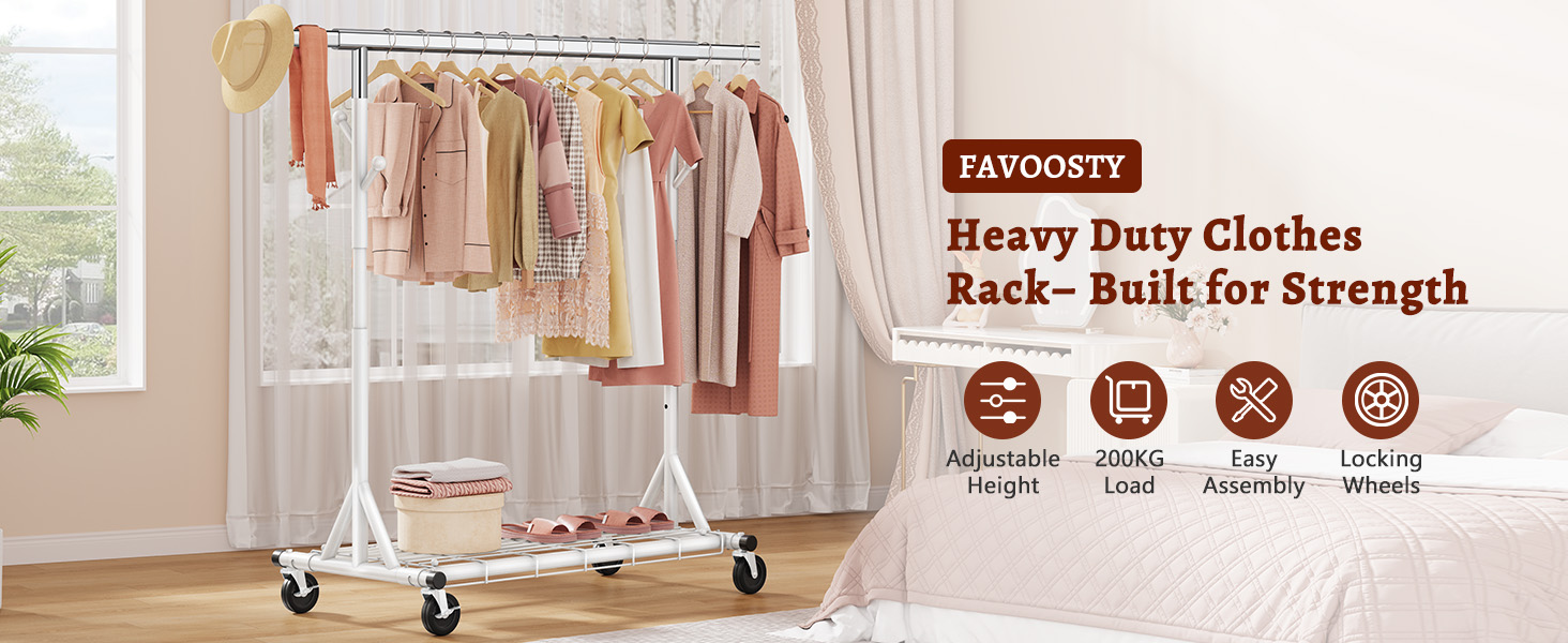Стійка для одягу на колесах FAVOOOSTY, металева, мобільна, до 200 кг, швидка збірка, білий колір, 1 перекладина