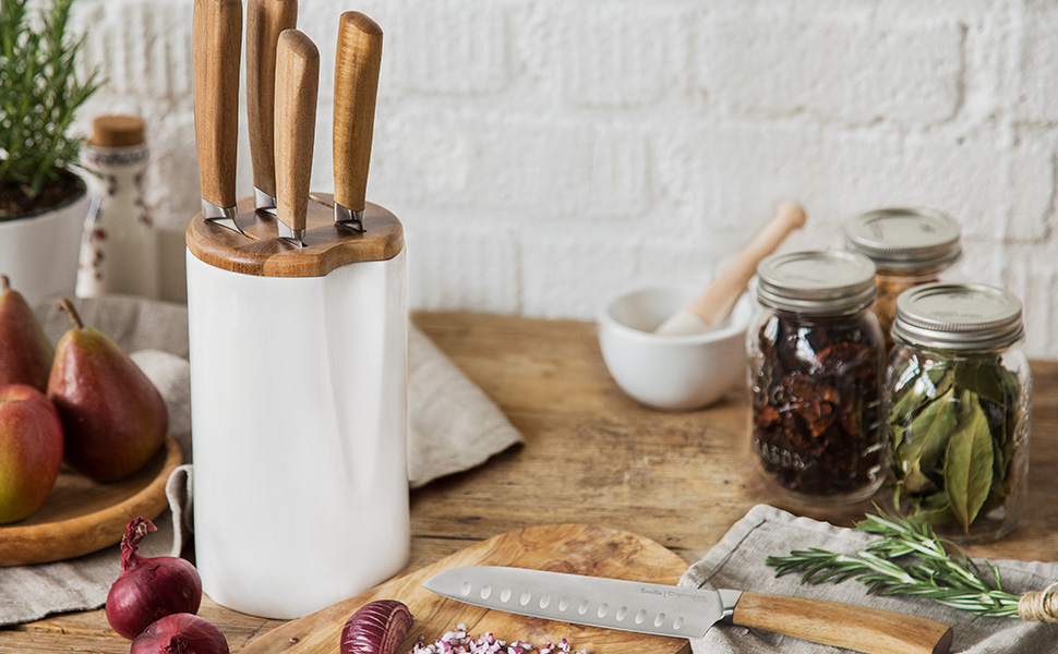 SPRINGLANE Acacia Wood Knife Block Set - 6 Piece German Steel Knives
