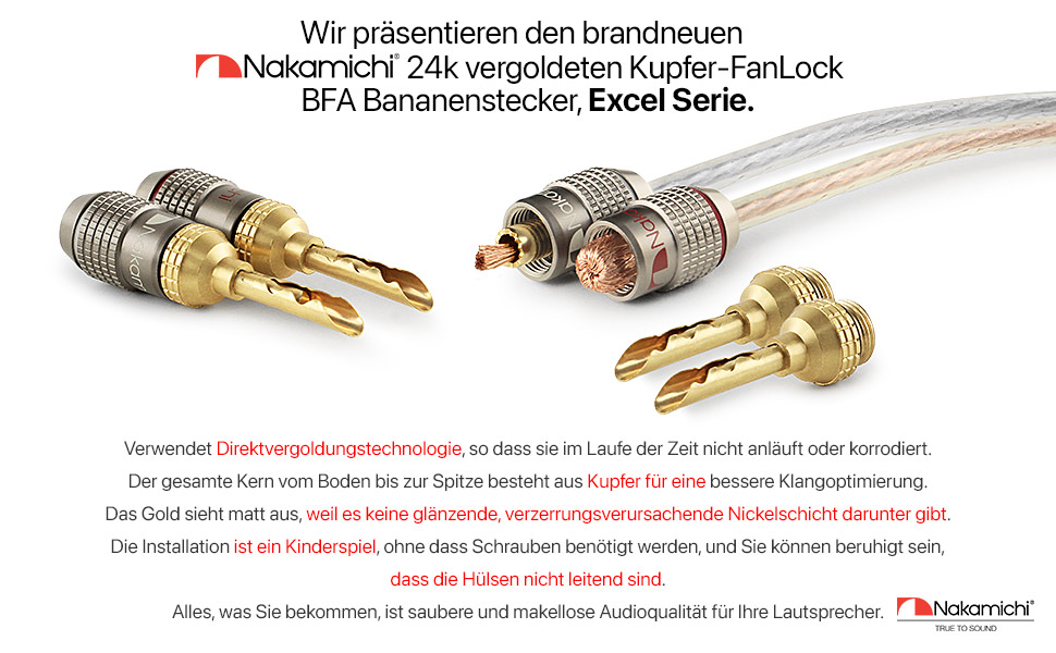 Бананові роз'єми Nakamichi FanLock Excel-Serie, 24K позолочені BFA коннектори для акустичних кабелів 10-18 AWG, 4 мм, для Hi-Fi стерео та домашнього кінотеатру, 4 шт (2 пари)