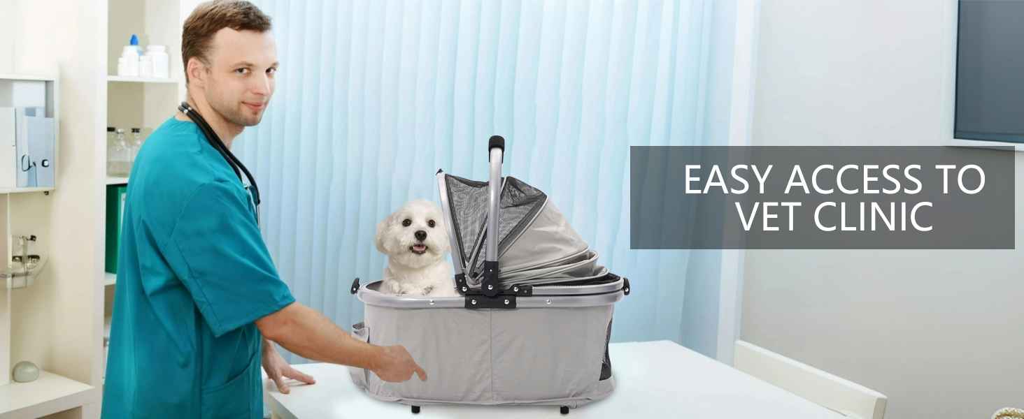 Візок для собак Siairo 3-в-1, сірий. Будка для собак середніх порід до 20 кг, переноска, автокрісло, відділення для їжі