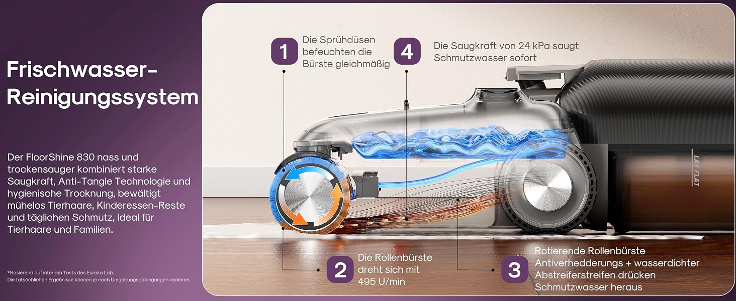 Акумуляторний миючий пилосос EUREKA FloorShine 830 для твердих підлог, 24000 Па, з функцією самоочищення та сушіння гарячим повітрям 75°C, Anti-Tangle 3.0, 60 хв роботи