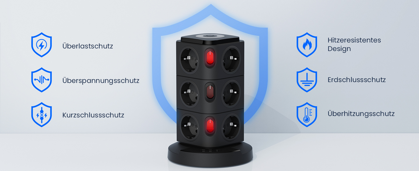 Багаторозеткова станція Acodot Tower з USB, 12 розеток, захист від перенапруги, 4 вимикачі, нічник, 3 USB-порти, кабель 3м, 2500W, для офісу, білий/чорний