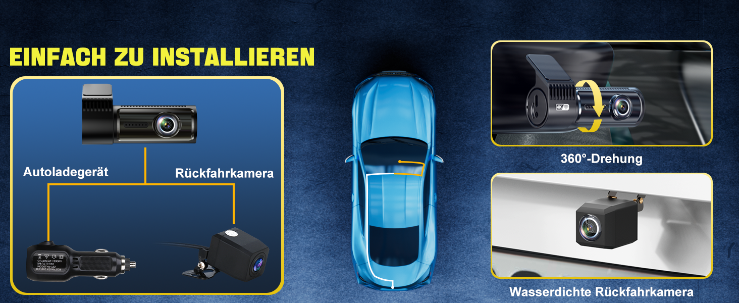 Відеореєстратор AQV Dashcam Auto Vorne und Hinten 4K з WiFi, 64GB SD, G-сенсор, Super Night Vision, 170°+140° Кут огляду, Black-D18