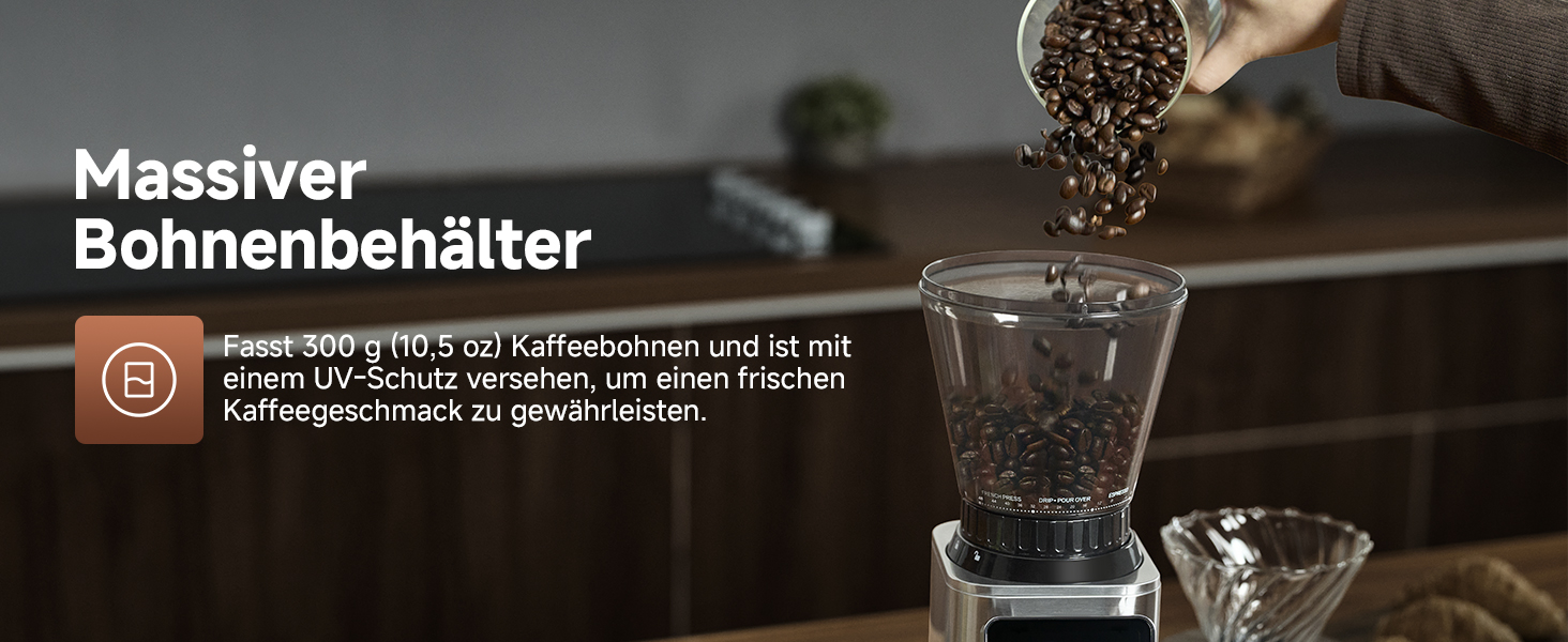 AMZCHEF Електрична кавомолка з регулюванням помелу для еспресо, drip, pour over, cold brew та French press | Срібна