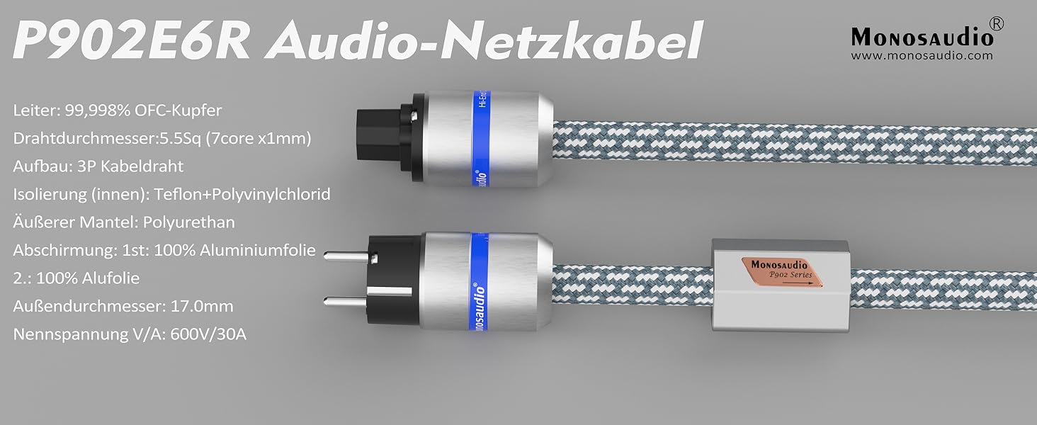 Hi-End мережевий кабель Monosaudio P083 1.5м, мідний екранований OFC Audiophil, 2-полюсний шнур живлення Schuko-IEC C15 для підсилювача, DVD, сабвуфера та декодера
