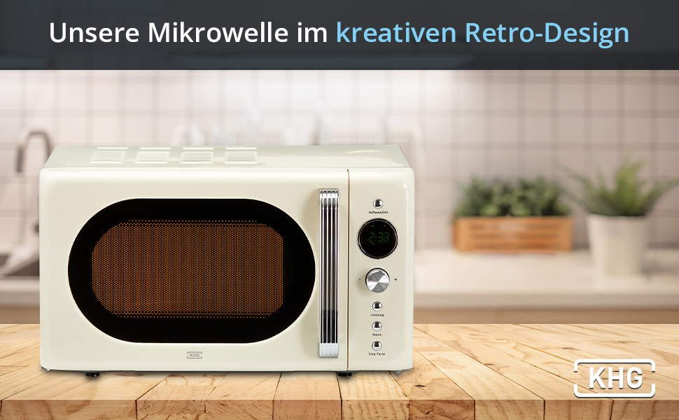 Мікрохвильова піч KHG MW-20R2(C) 20 л, металева, кремового кольору, 8 автоматичних програм, 1200 Вт, LED-дисплей, таймер 60 хв, захист від дітей