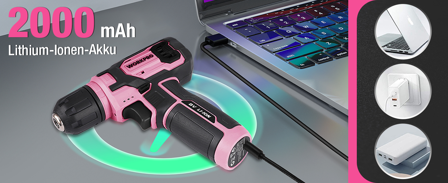 WORKPRO 8V акумуляторний дриль-шуруповерт, комплект з кейсом, 2000 mAh, 10 мм патрон, 12 Н·м, LED-ліхтик, 21 шт. аксесуарів, для ремонту та DIY, сірий & зелений (рожевий & чорний)