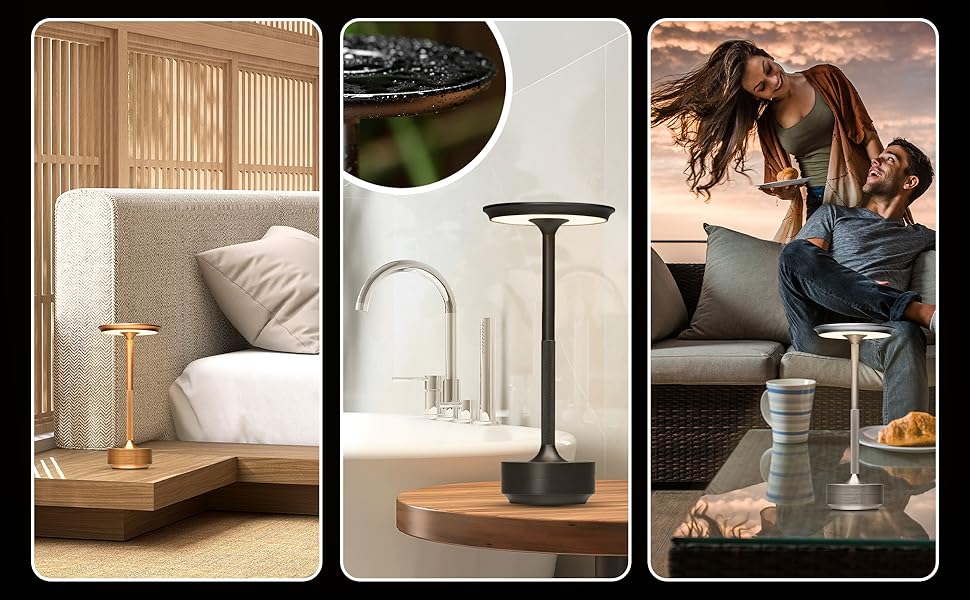 Настільна світлодіодна лампа ELYSIA з акумулятором, диммер, бездротова, сенсорна, IP54 (внутрішнє/зовнішнє), тепле світло (2200K-2700K-3200K), USB-C, алюміній, золота