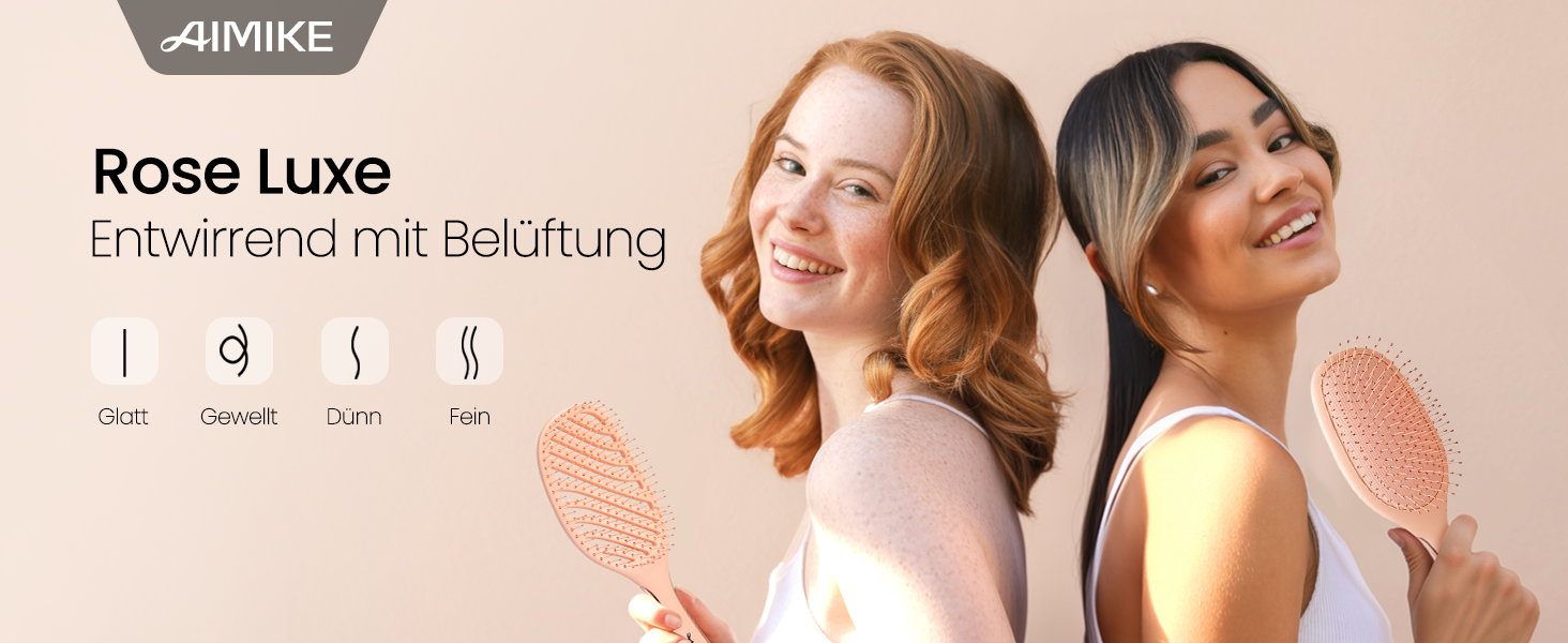 AIMIKE Рожева щітка для розплутування волосся Luxe Entwirrbürste - безболісна, з вентиляцією та ультрам'якими щетинками FlexGlide, для жінок, дівчаток та дітей