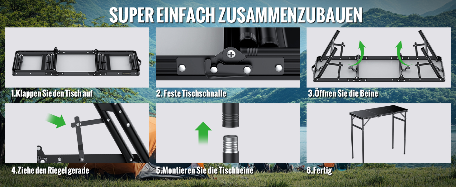 Складний кемпінговий стіл GARLLEN 60x40 см, регульована висота (27/51/75 см), чорний - для пікніка, саду, балкону, пляжу