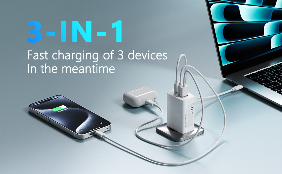 Зарядний пристрій USB-C 50W, 5 портів: 2 USB-C та 3 USB-A, Power Delivery 3.0, швидка зарядка для iPhone, Samsung, телефонів, планшетів - Бежевий