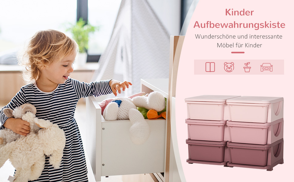 HOMCOM Kids' Chest of Drawers with Storage Boxes, Toy Organizer, Toy Box, Three Tiers for Children's Room, 3-6 Years, Children's Furniture, 37 x 37 x 56.5 cm (75L x 37W x 56.5H cm, Pink+Purple)