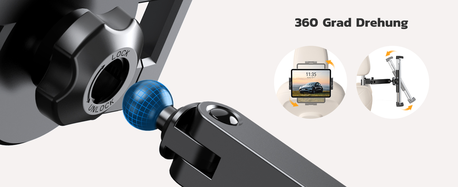 Тримач для планшета в авто, висувний кріплення, поворот на 360° - сумісний з iPad, iPhone, Galaxy Tab та іншими пристроями 4.7-12.9 дюймів