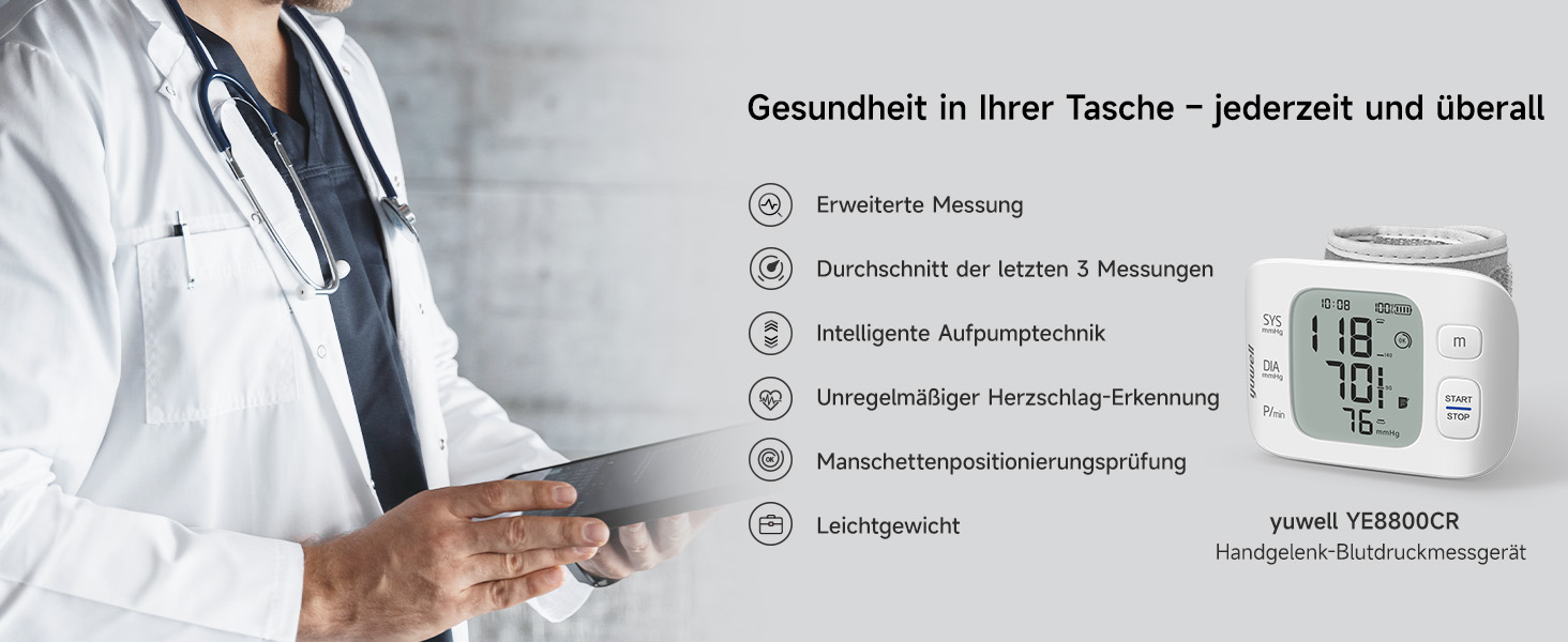 Тонометр Yuwell YE8800CR на зап'ясті, акумуляторний, для дому, з виявленням аритмії, з чохлом та USB-кабелем
