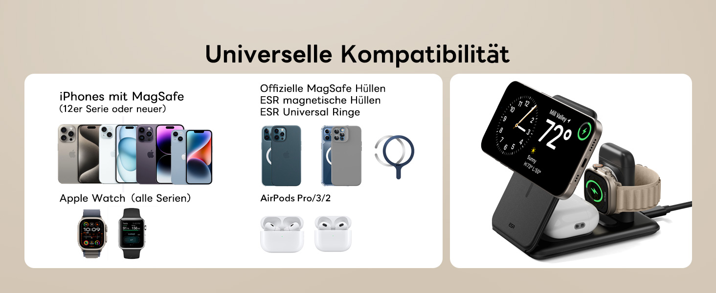 Зарядний станція 3-в-1 ESR для Apple Watch та iPhone з MagSafe, чорна (15W)