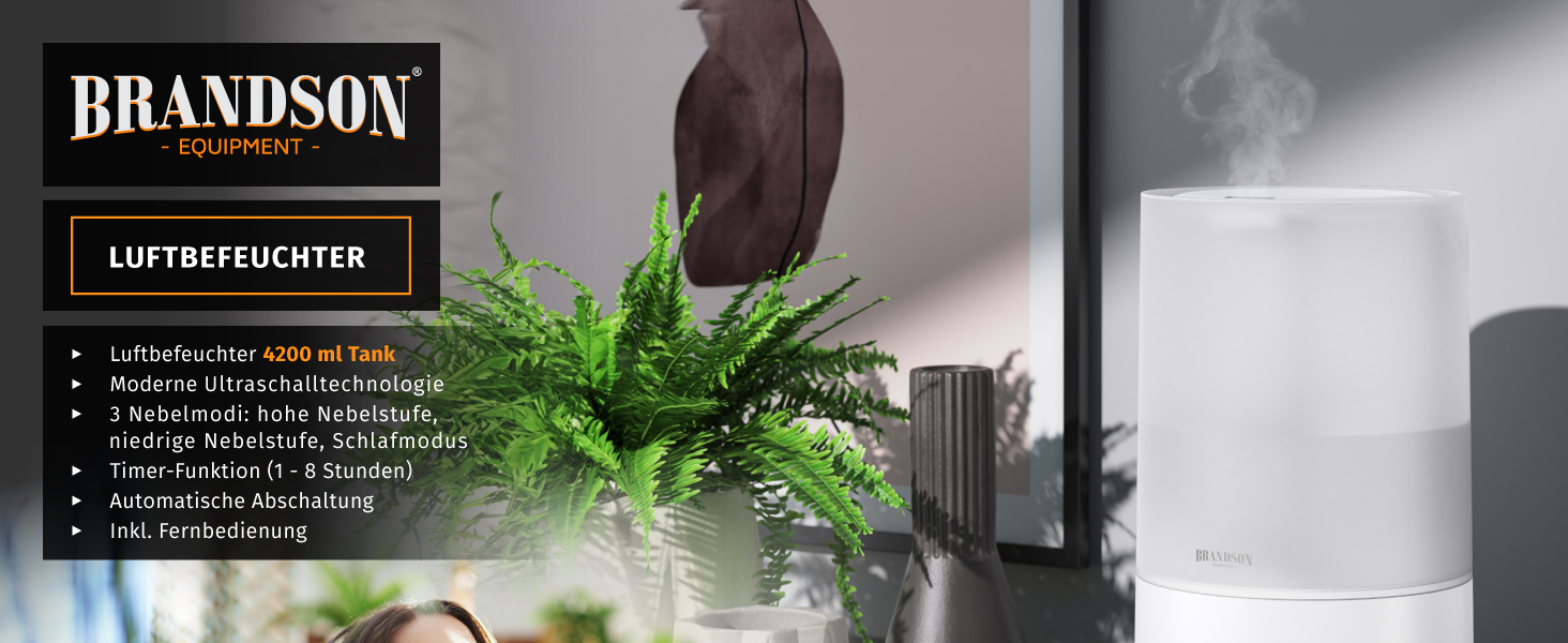 Зволожувач повітря Brandson з цифровим дисплеєм та пультом дистанційного керування, 4.2 л, таймер, 3 режими туману, тиха робота, функція Sleep, для спальні, дитячої кімнати, офісу