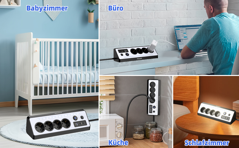 Мережевий адаптер з USB та 2 Type-C, 4 розетки, 16A, 3680W, з вимикачами, захист від перенапруги, LED, для кухні/офісу, білий/чорний