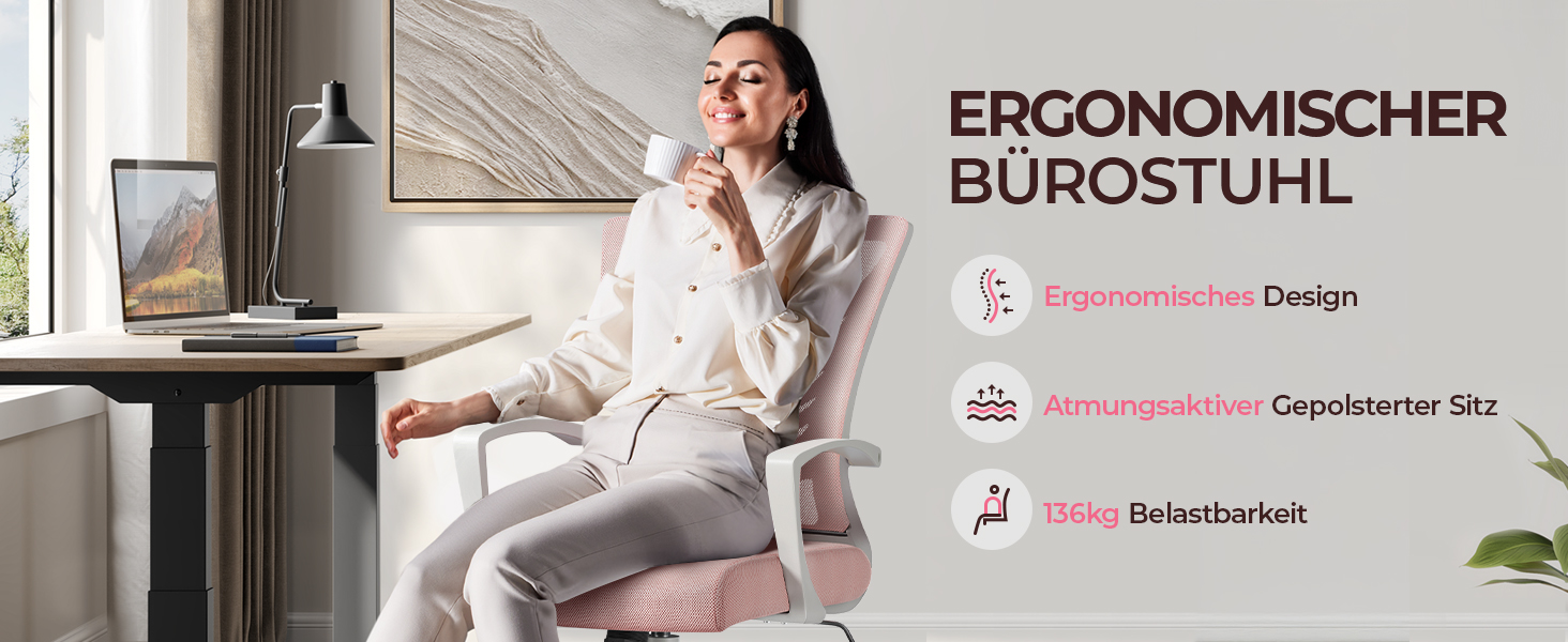 Крісло офісне Yaheetech ергономічне з регулюванням висоти, поворотне, з м'яким сидінням, для офісу/кабінету, світло-рожеве (2 шт)