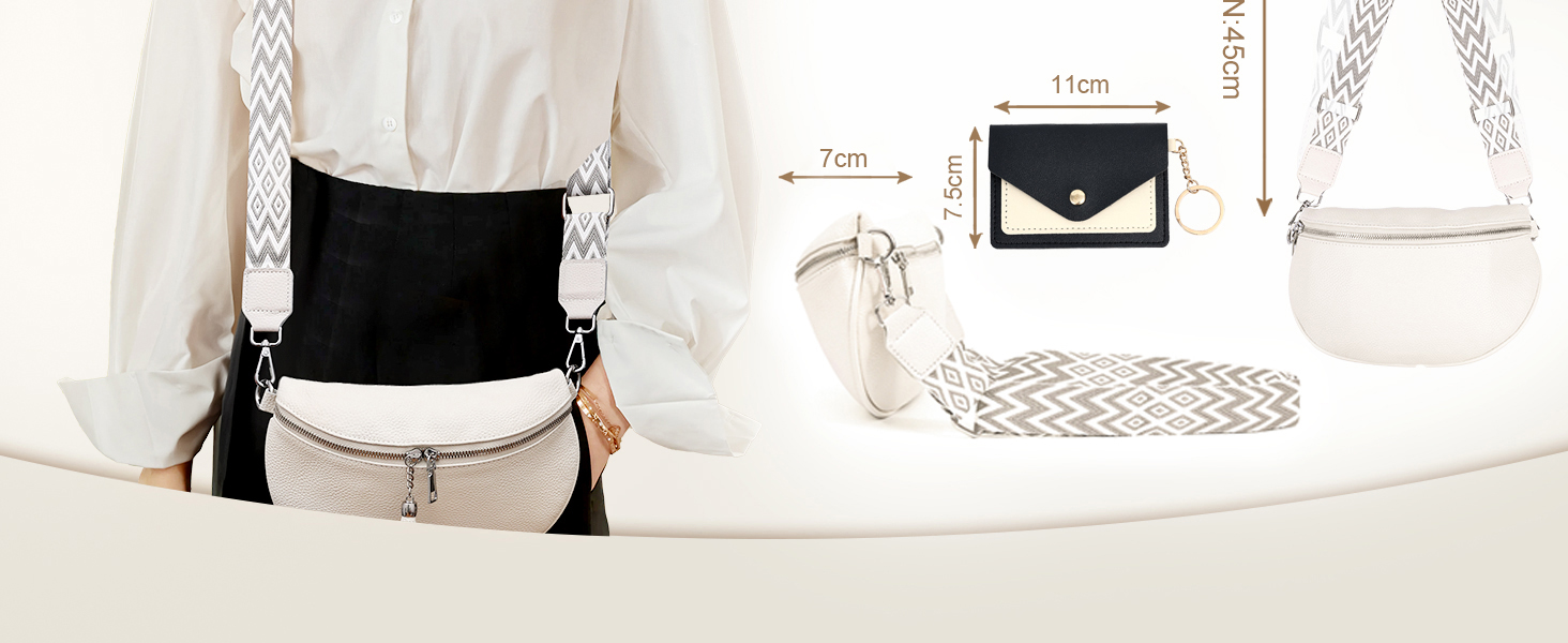 Жіноча сумка через плече з широким ремінцем, бананка з натуральної шкіри, стильна з багатьма відділеннями для карток, кросбоді, гаманець жіночий (білий)
