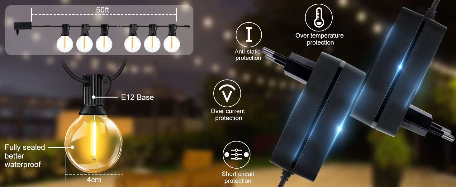 LED гірлянда для вулиці з димером - 30 метрів, G40 лампочки, таймер, IP44, вологостійка, для балкона, саду, вечірки, шлюбу, тераси (15м, 17+2 димери)