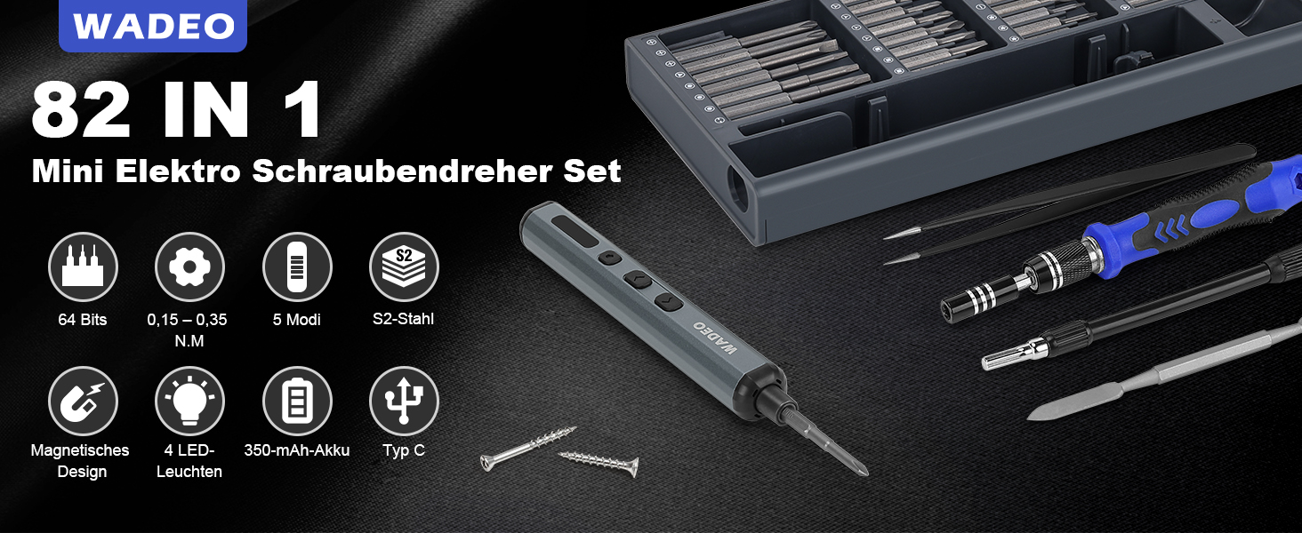 WADEO Міні набір викруток, 82 в 1, прецизійний, магнітний, з регулюванням крутного моменту, LED-підсвічування, для ремонту iPhone, телефонів, ноутбуків, окулярів, годинників