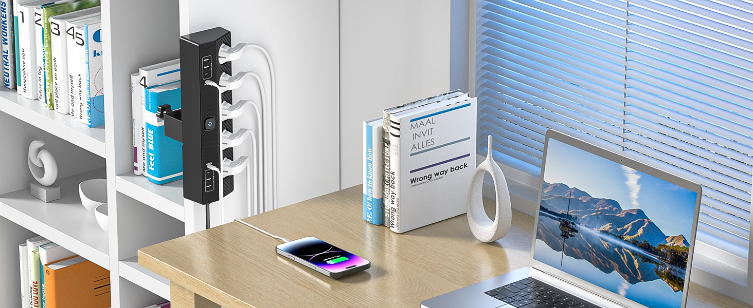 Мережевий фільтр PASSUS з 5 розетками, 2 USB-C (PD 30W), захист від перенапруги, індивідуальне вмикання, 10-в-1, з кабелем 2м, для офісу, чорний