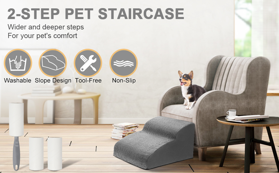 Lannvan Dog Stairs for Small Dogs, 2 Steps Pet Stairs Cat Stairs, Sponge Dog Ramp for Sofa Bed, Dog Steps with Removable Cover, Washable Pet Ladder, Lint Roller Included, Grey