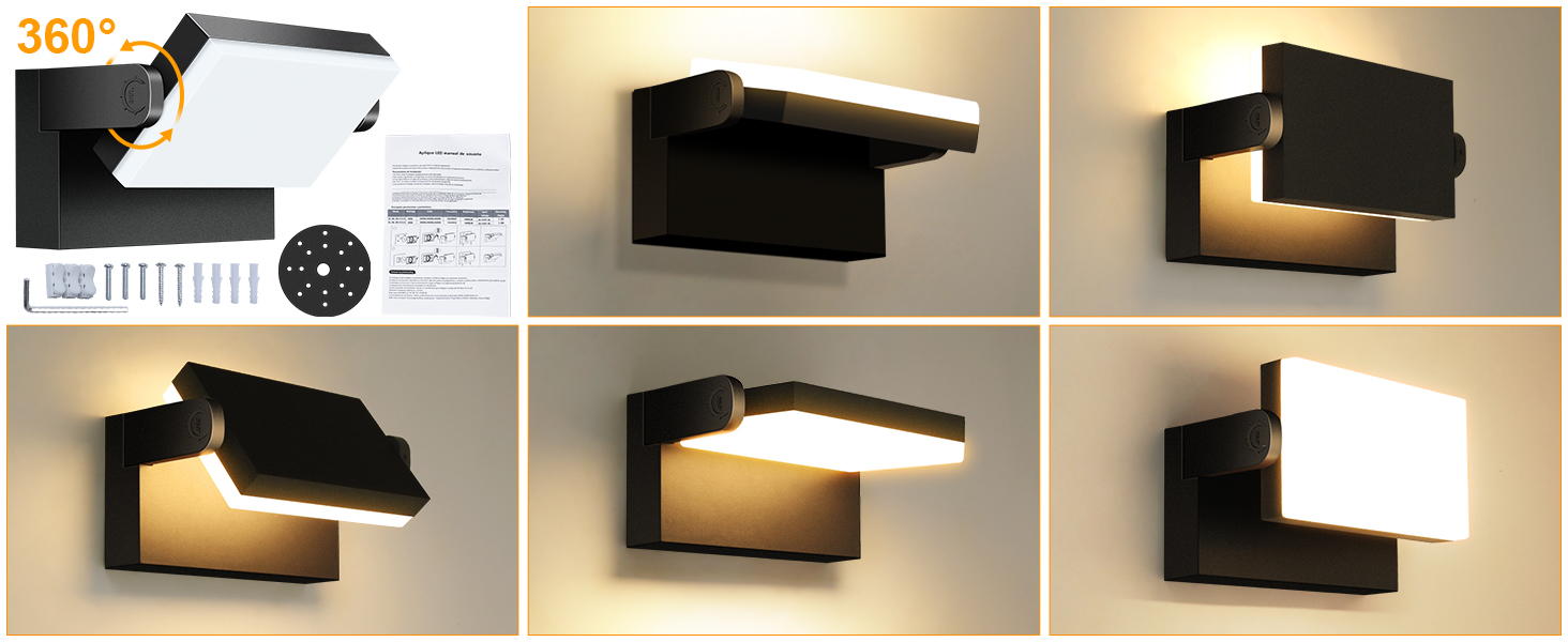 LED зовнішні настінні світильники Ledmo 60W, 5000 Лм, 360° поворот, IP65, тепле світло 3000K, білі, для тераси, входу, саду, 4 шт.