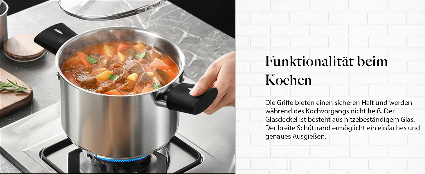 Набір каструль 6-ти частинний з нержавіючої сталі для індукційних плит, Cookware Set, без антипригарного покриття, сумісний з усіма типами плит, з кришкою та захистом від опіків, придатний для миття в посудомийній машині