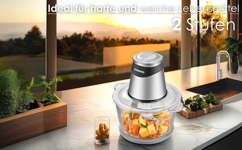 Електричний подрібнювач Multizerkleinerer Blitzhacker 500W 1,8L: універсальний кухонний комбайн для приготування дитячого харчування, горіхів, овочів, фруктів та м'яса. Скляна чаша.