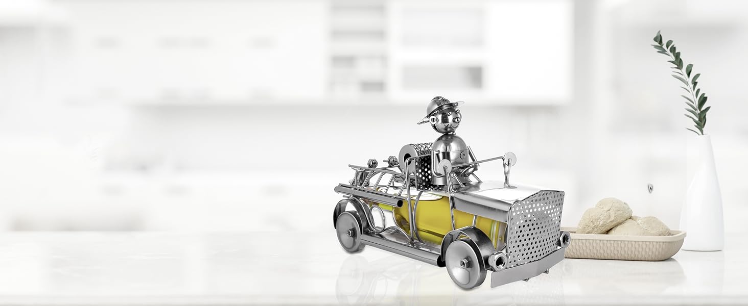 BRUBAKER Wine Bottle Holder Fire Department - Fire Truck Metal Sculpture Bottle Stand - 32 cm Metal Figure Wine Gift for Firefighters - with Greeting Card