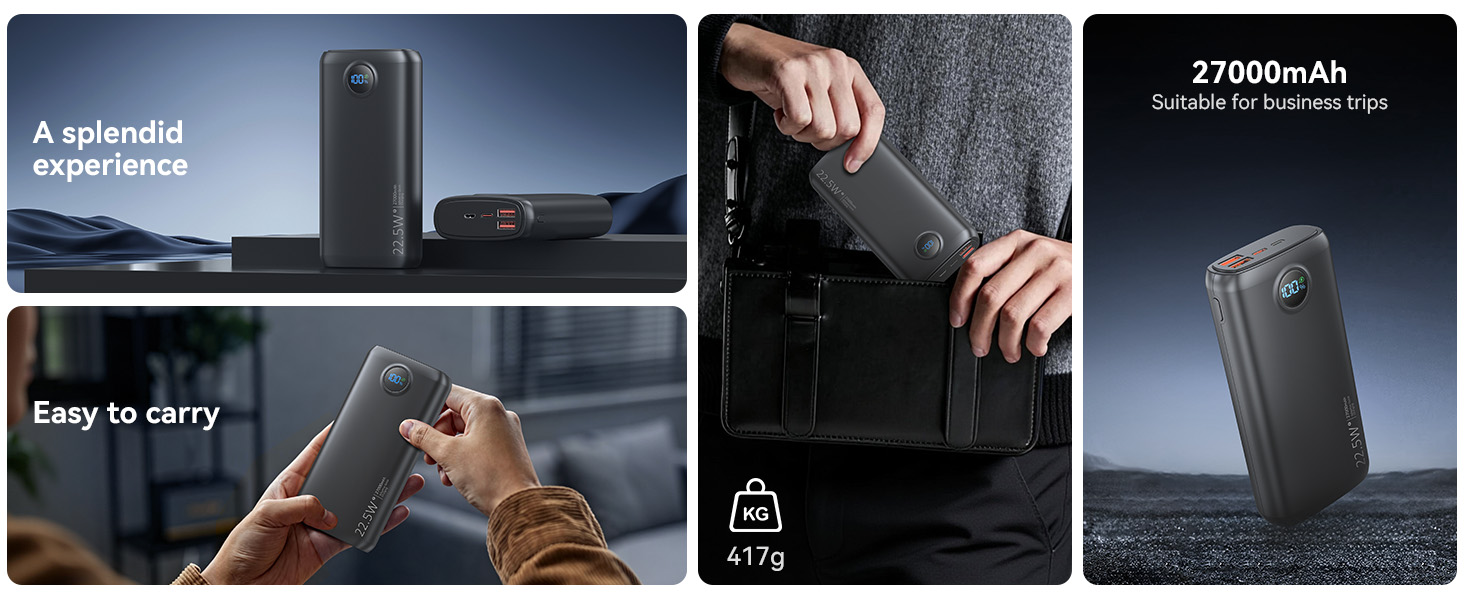 Потужний Power Bank 27000mAh 22.5W з підтримкою PD 3.0 та QC 4.0, зовнішній акумулятор USB-C зі швидкою зарядкою та LED-дисплеєм для iPhone, Samsung, iPad та смартфонів