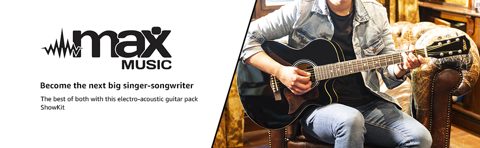 Електроакустична гітара MAX ShowKit з підсилювачем 40W, чохлом, тюнером, кабелем, медіатором та звукознімачем, чорний колір