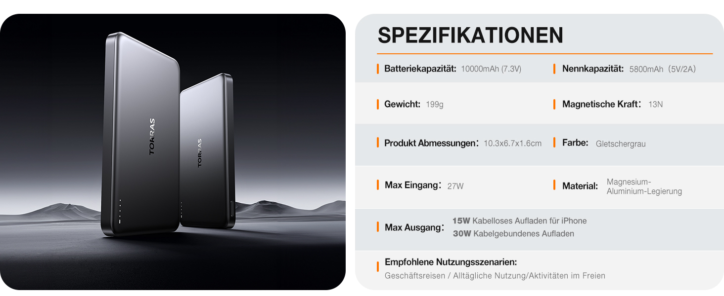 Портативний зарядний пристрій TORRAS MiniMag Qi2 з MagSafe, 10000mAh, сертифікований Qi2, магнітний, з кабелем USB-C 30W, бездротовий зарядний пристрій 15W для iPhone 17 Pro Max/Air/12-16, AirPods, сірий, титан