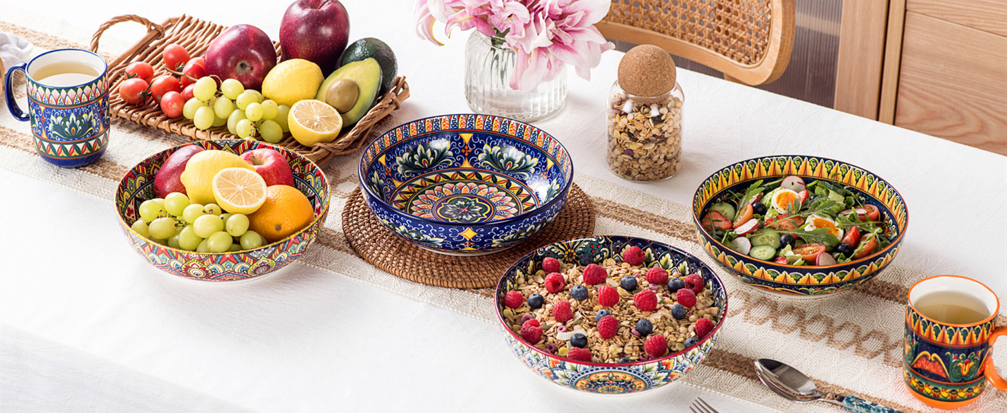 Набір тарілок Henten Home Mylo: 2 тарілки для супу та салатів, 1500 мл, бохо стиль (синьо-помаранчевий)