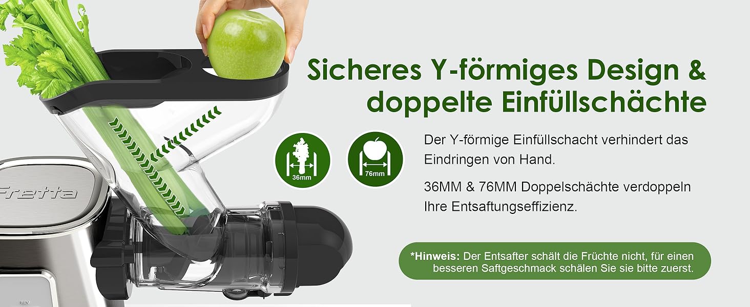 Електричний соковитискач Fretta Slow Juicer з нержавіючої сталі, 200W, Cold Press, велика завантажувальна горловина 76 мм, висока сафровидача, легке очищення, без BPA