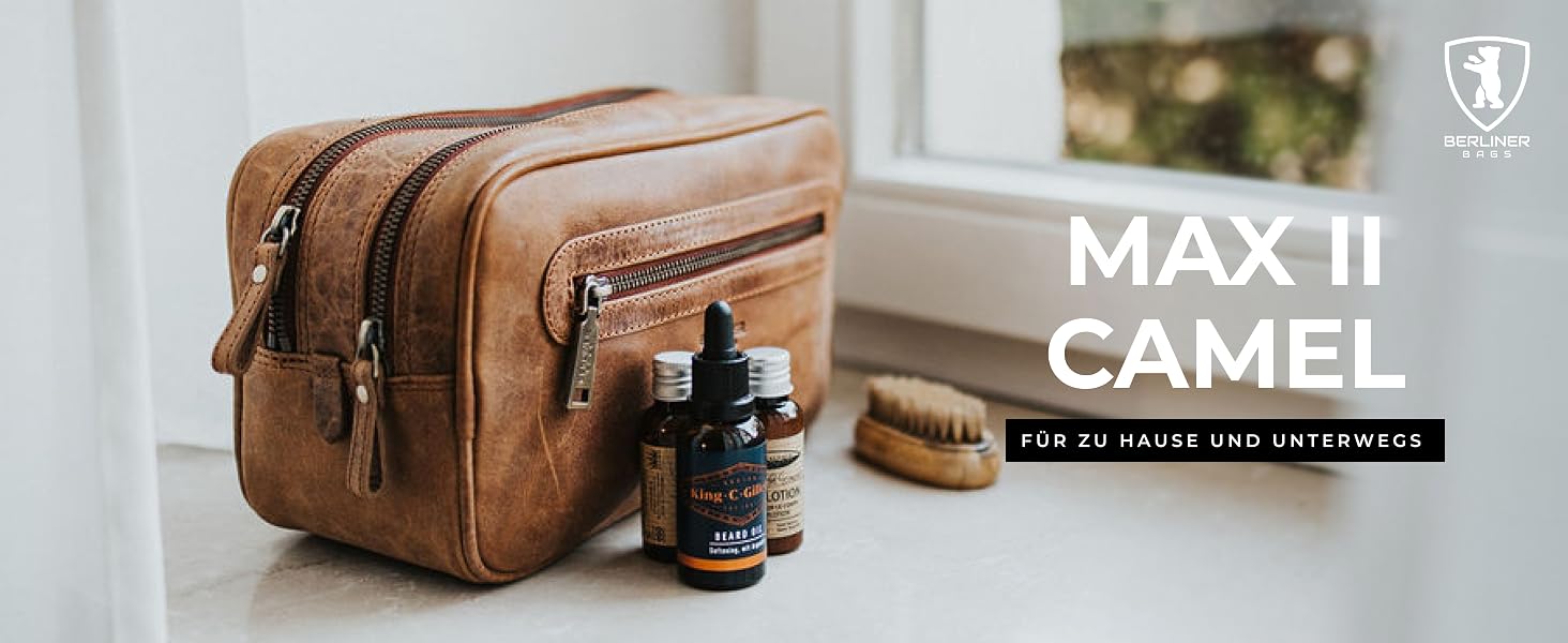 Шкіряна косметичка для подорожей Berliner Bags Premium Kulturbeutel Max, велика сумка для гігієни з 2 відділеннями для жінок та чоловіків (Camel)