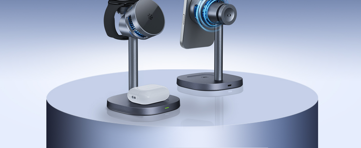 MOGU Бездротова зарядна станція 3-в-1 з магнітною фіксацією та охолодженням TEC, 15W, сумісна з MagSafe iPhone 12-17, Samsung S24-S26, Apple Watch, AirPods + адаптер 45W