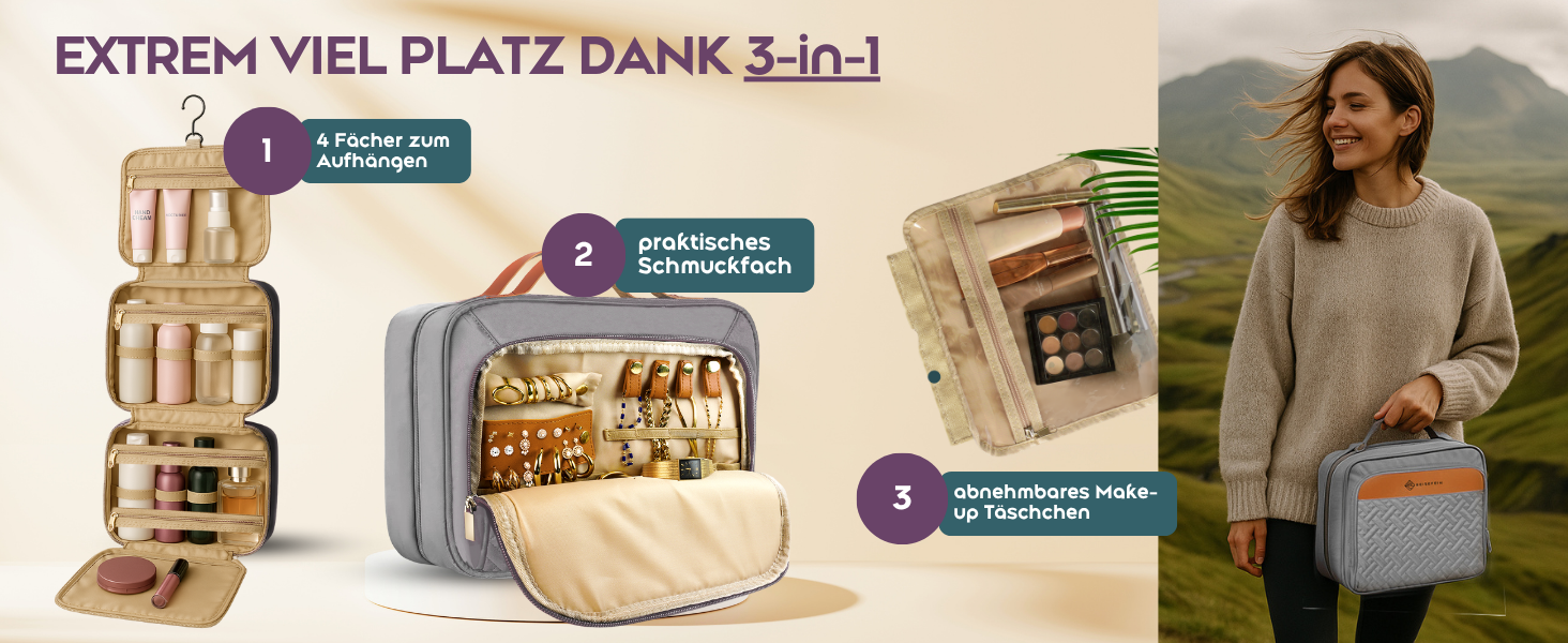 Косметичка для жінок велика 3-в-1 з гачком для підвішування, 4 відділення, відділення для прикрас та косметичка – практична дорожня косметичка сірого кольору