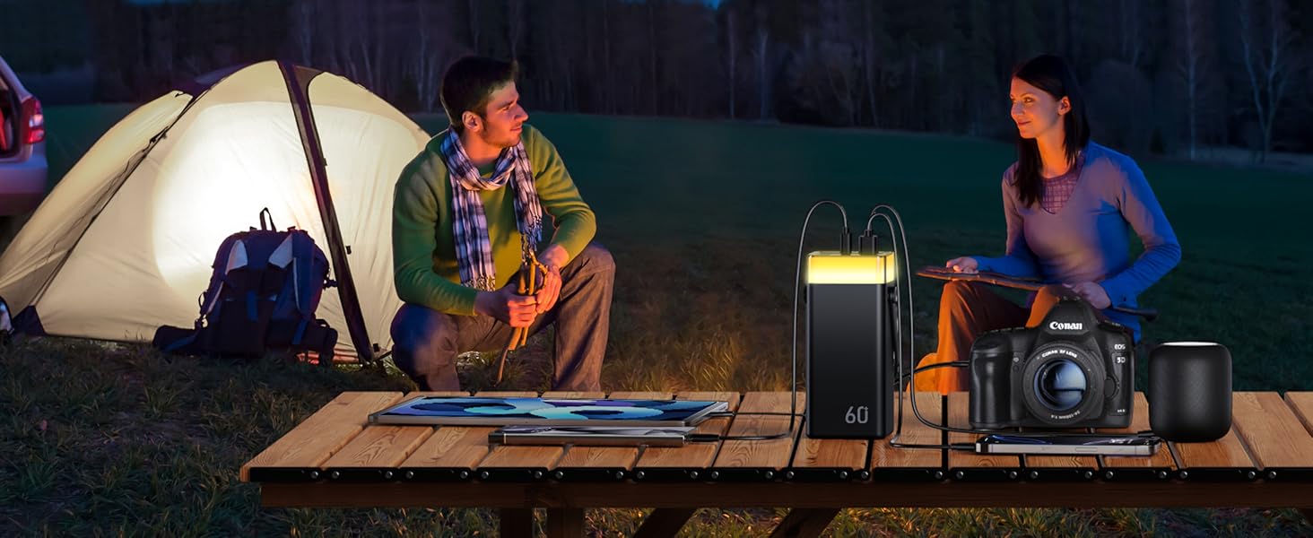 Powerbank 60000mAh 22,5W PD з USB-C, чорний: зовнішній акумулятор з 5 виходами та 2 входами, сумісний з iPhone, iPad, Samsung