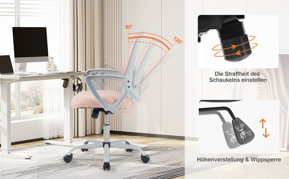 Ергономічне крісло Sweetcrispy для офісу та дому, з підтримкою попереку, регулюванням висоти та підлокітниками (рожевий)