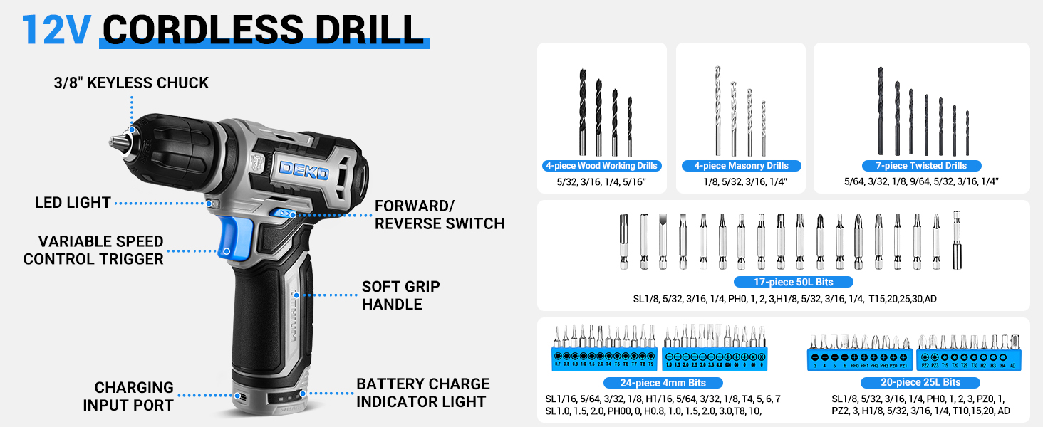 Набір акумуляторної дрилі DEKO 12V: 238 штук у кейсі. Акумуляторна дриль-шуруповерт для дому, рукоділля та ремонту. Комплект інструментів (блакитний)