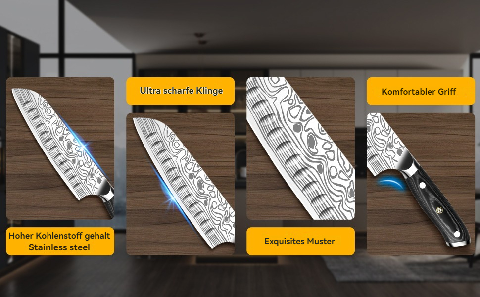 Ніж Santoku Cutiore 7 дюймів: професійний кухонний ніж з нержавіючої сталі EN.4116, з захистом пальців та точилкою в подарунковій коробці