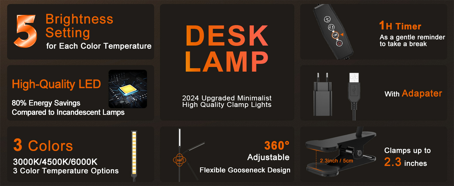 Лампа настільна LED Mojimdo 77 з пультом ДУ, 40 см, 3 кольори, 5 рівнів яскравості, гнучкий штатив, USB-зарядка, чорний